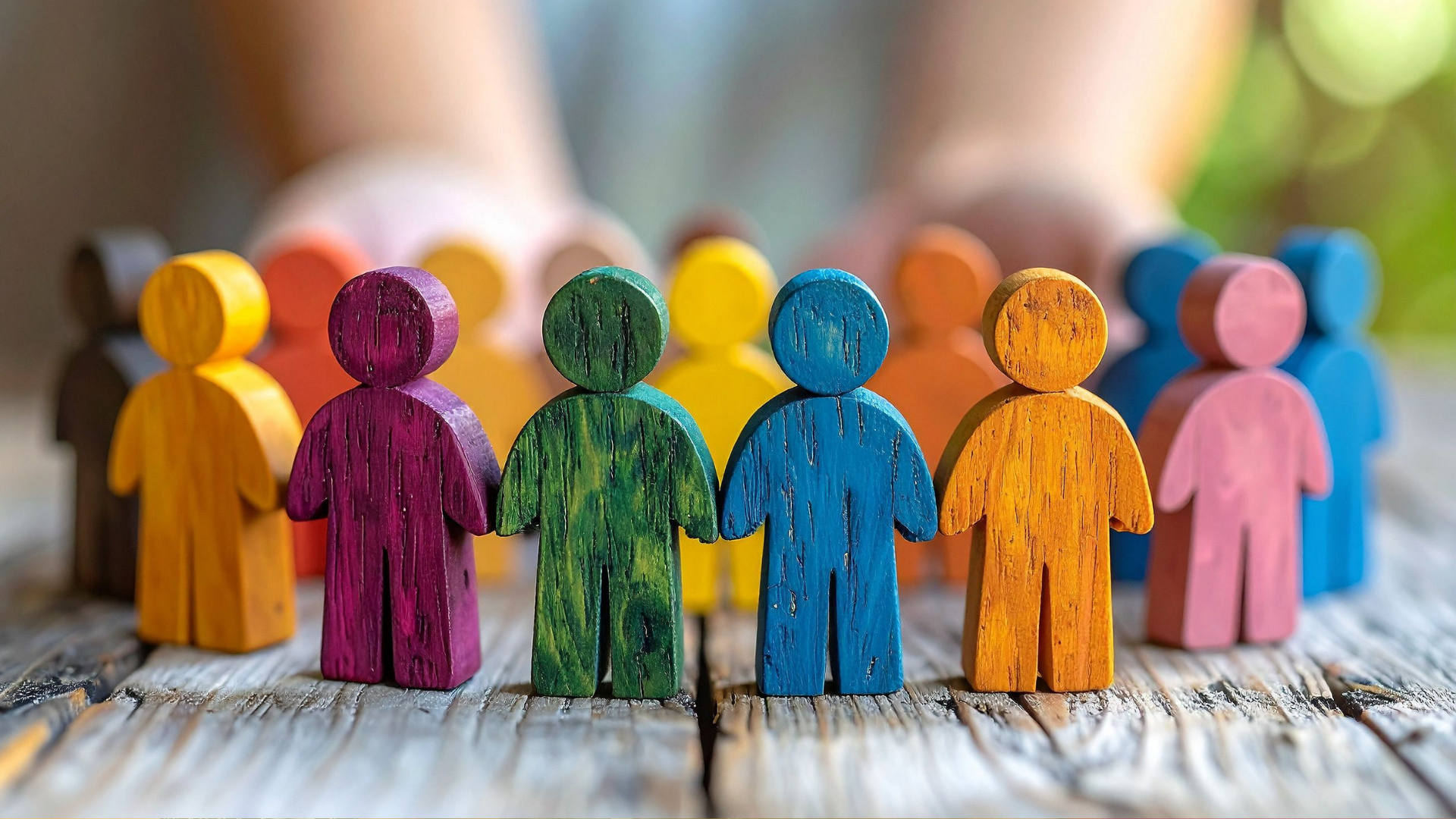 Bonecos coloridos representando diversidade e inclusão, alinhados sobre mesa de madeira enquanto mãos humanas os organizam ao fundo.