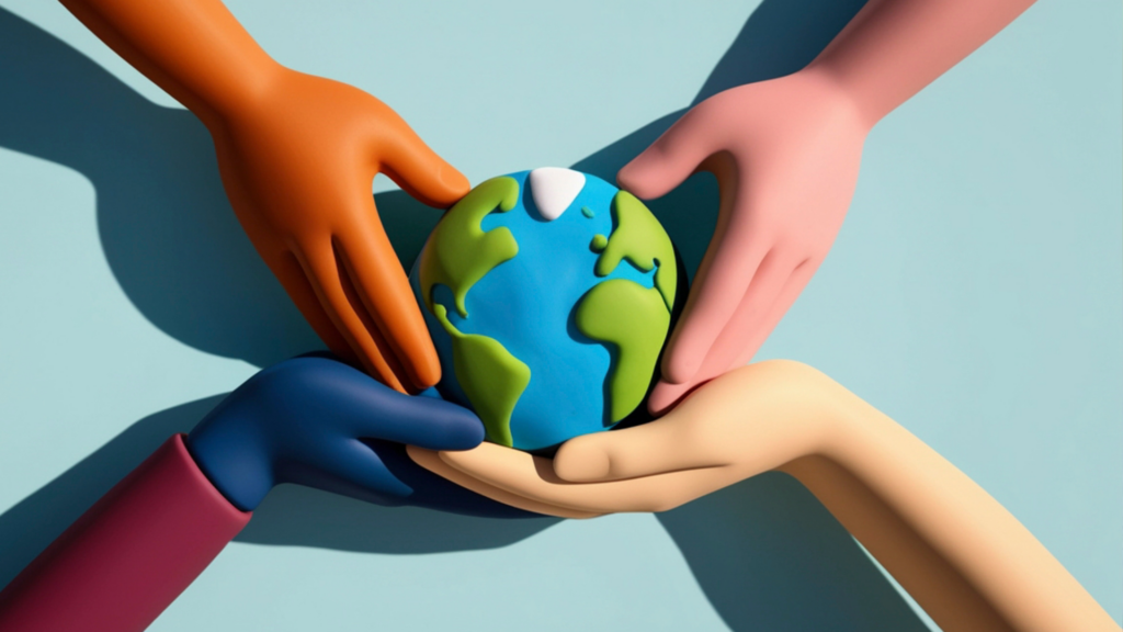 Ilustração de várias mãos de diferentes cores segurando o planeta Terra, representando a Comunicação Pública Inclusiva com diversidade, inclusão e colaboração global na comunicação e na sociedade.